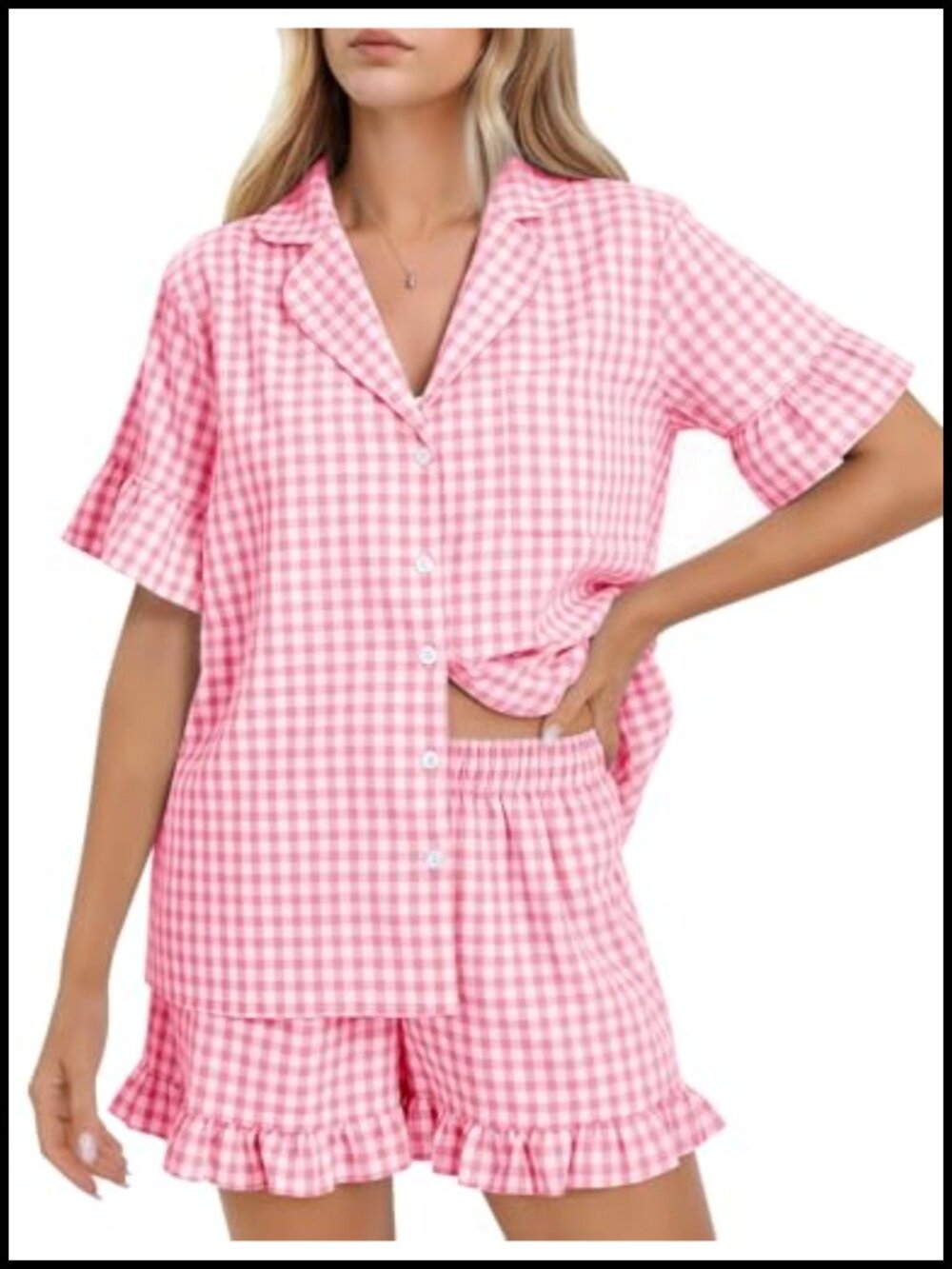 Womens Cotton Gingham Pajama Set Ruffle Shorts Lounge